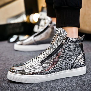 Size 39-45 Gold Snakeskin Pattern High Top Sneakers Men Flat Sneakers Zipper Fashion Hip Hop Streetwear Shoes Designer Shoes