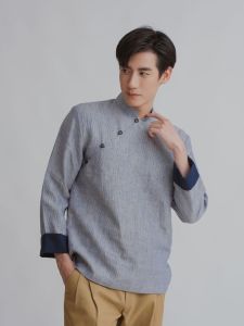 (JUN) Hanfu Shirt เสื้อเชิ้ตผู้ชายฮั่นฝู Grey with Fold Sleeve Navy