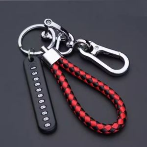 Black Leather Car Key Chain with Number Plate Hand Woven Rope Keychain