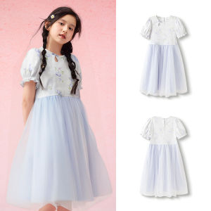 balabala Girl New Traditional Style Dress Children 2025 New Summer Children PUff Sleeve Dress Quickdry