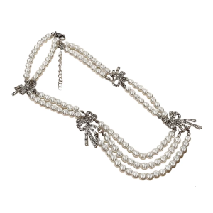 Sophisticated Multi Strand Faux Pearls Necklace with Bowknot Embellishment Adjustable Length Neckchain Accessory