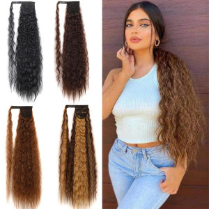 85cm Synthetic Long Curly Wavy Hair Extensions Drawstring Wrap Around Clip In Hairpiece Ponytail Brown Fake Hairpiece for Women