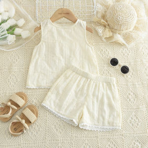 Bear Leader Solid Color Embroidery Girls Sets Sleeveless Flower Lace Tops + Two Piece Pants Suit Round Neck T-shirt Kids Clothes