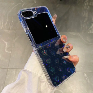 Gradient Laser Love Heart Pattern Clear Phone Case For Samsung Galaxy Z Flip 7 6 5 4 3 Zflip7 FE Glitter Bling Shockproof Cover