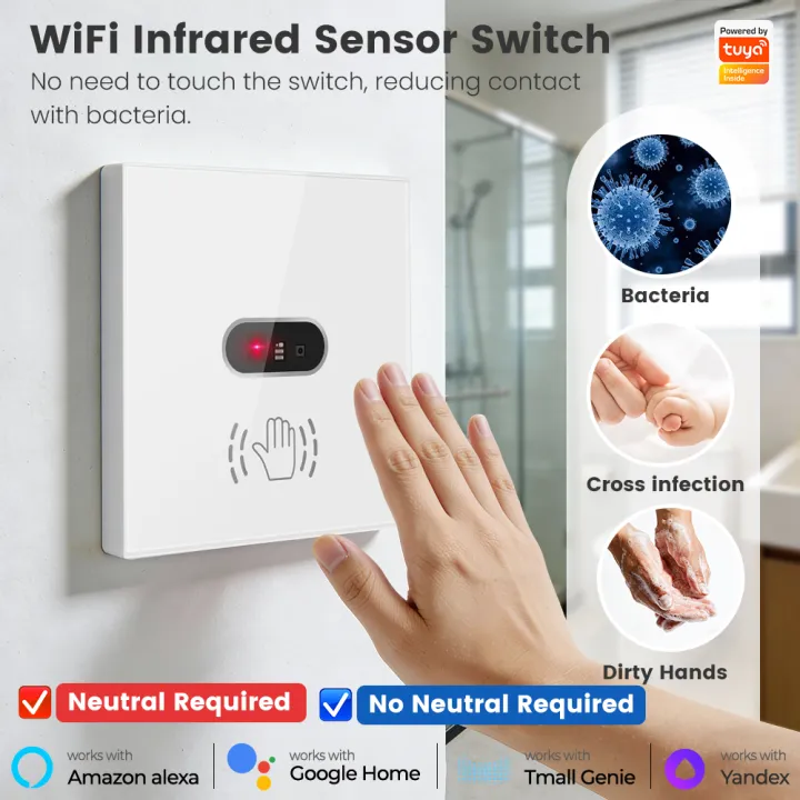 SMATRUL Tuya WiFi Hand Wave Switch Smart Light Wall EU Switch IR Sensor Single Live Neutral Wire Support Alexa