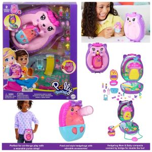 Polly Pocket Hedgehog Mom & Baby 2-in-1 Travel Toy with 2 Micro Dolls and 16 Accessories Handbag Playset Pet Theme JBJ91