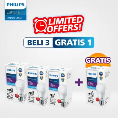 Philips Lampu LED Paket Hemat Beli 3 Gratis 1 Radiantline LEDBulb 15W 6500K Putih