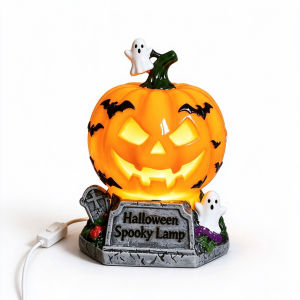 Indoor Halloween Decor Table Lamp Cute Resin Cat Bat Ghost Pumpkin Shape Warm LED Accent Light For Nightstand Mantel Bookshelf Spooky Season Home Decoration Gift Idea