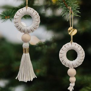 ZENGD 2pcs เชือกฝ้าย จี้พวงหรีดคริสต์มาส งานทำมือ ผ้าทอทอ เครื่องประดับต้นคริสต์มาส โบโฮ ที่แขวนผนัง บ้านในบ้าน