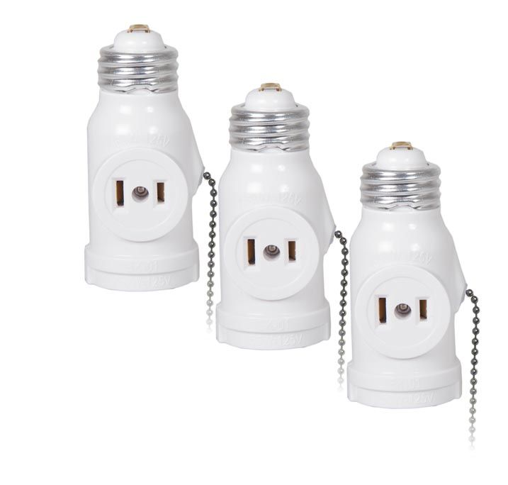Dual Outlet Light Socket Adapter, with Pull Chain White (3 Pack
