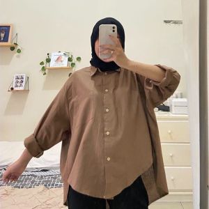 KEMEJA OVERSIZE SHIRT POLOS ADEM HALUSTEBEL WANITA POCKET BASIC LINEN MATT COTTON PREMIUM