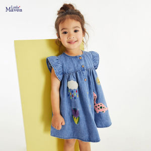 Girls Short Sleeve Denim Skirt Summer Childrens Skirt Applique Embroidery Cartoon Fashion Girls Dress