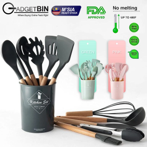 12 PCS Kitchen Utensils Set FDA Approved Silicone Natural Wooden Handle Non-Stick Heat Resistant Cooking Kitchen Tools Kitchenware
