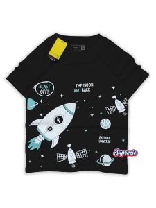 Baju anak cowok  lengan pendek katun premium 30s motif luar angkasa ROKET BLAST OF warna navy