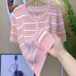 Womens striped knitted shirt summer new short sleeved t-shirt top
