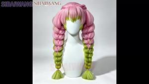 Women Pink Green Long Curly Double Ponytail Synthetic Hair Wig Anime Cosplay Lolita Wig for Party Halloween Daily Costume Wigs