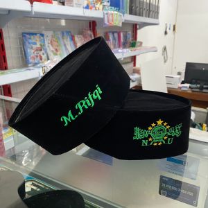 Peci Hitam NU Hijau dan Kuning Bordir Nama