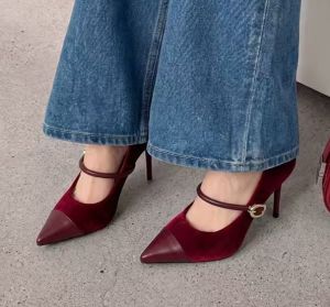[Free Shipping] Burgundy Velvet Pointed-Toe High Heels For Women Featuring A Stiletto Heel A Single-Strap Design And A Retro Elegant Style