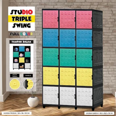 STUDIO - Lemari Pakaian 3 Pintu Swing PLUS Full Rak Motif Rotan Susun 2 3 4 & 5