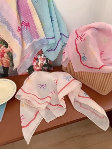Breathable Hair Scarf with Colorful Bowknot Print Female Kerchief Fashionable Headscarf for Women and Girl