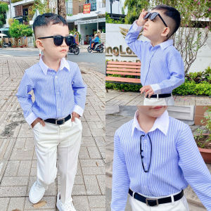 Áo sơ mi sọc xanh phối trắng cho bé trai phong cách Hàn Quốc