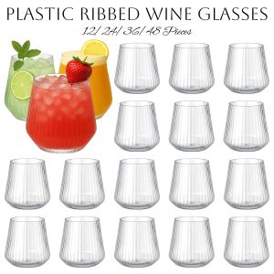 12-48Pcs 14oz Plastic Ribbed Wine Glasses Disposable Stemless Wine Glasses Plastic Cocktail Glasses for Party Unbreakable2026