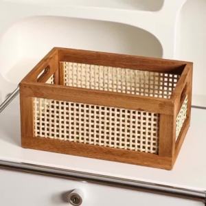 Sacesr Retro Hollow Rattan Storage Basket Rectangle Creative Wooden Sundries Storage Luxury Aesthetic Miniature Home Decoration T6H1N