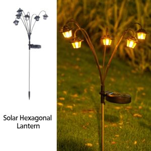 HOUCHU 6LED Retro Lantern Light Hexagonal Design 8-Mode Street Lamp Light Decorative Lighting Solar-Powered Solar Decorative Light Garden Use