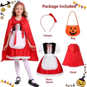 5pcs Set Red Little Riding Hood Dress Costume for Kids Girl Halloween Cosplay Costume Girl Fairytale 3-10Yrs