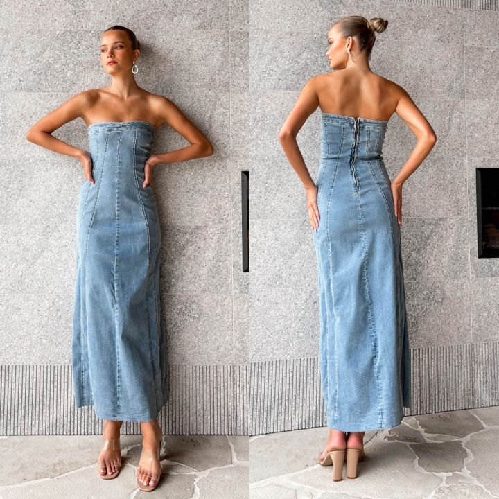 Wholesale Women'S Sexy Bandeau Stitching Skinny Denim Tube Dress