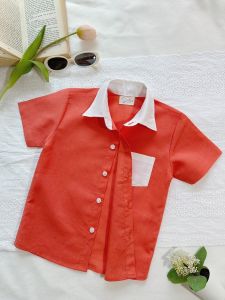 BabyThame เสื้อเชิร์ตผ้าลินินผสมค็อตตอนสีส้มปกและกระเป๋าขาว เสื้อเด็กทรงสวย เสื้อเชิร์ตเด็ก ระบายอากาศ ชุดหน้าร้อน อากาศเมืองไทย
