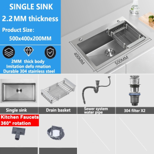 CHUANGCHAO sink stainless for kitchen，kitchen sink stainless complete set，304 stainless steel 2.2mm thickness high quality kitchen thickened double/single basin sink (silver 3 sizes available)
