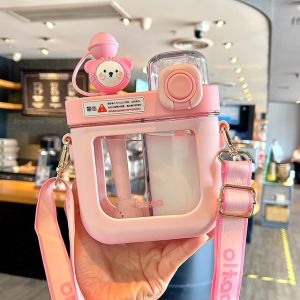 580ml Cute Children Square Water Bottle For Girls School Tritan Double Straw Drinking Water Cup BPA Free Portable Leak Proof Anti-drop