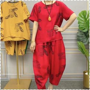 ชุดสูทแฟชั่น โชว์ฮาเร็ม ชุดฤดูร้อน ชุดสองชิ้น บางและระบายอากาศได้ดี เสื้อชีฟอง พิมพ์ ย้อนยุค รายวัน