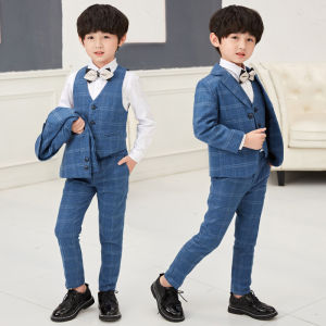 3PCS Suit Set for Boys Plaid Wedding Pageboy Flower Girl Children Dress Formal Uniform Kid Blazer