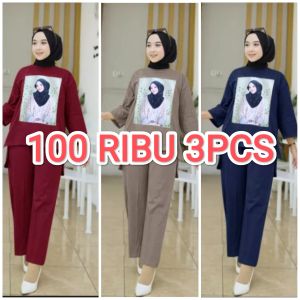 PROMO PAKET SUPER HEMAT100 RIBU DAPAT 3 PCS ONE SET Crinkle Sablon Jumbo Oversize / Setelan CRINKLE JENE Bergambar