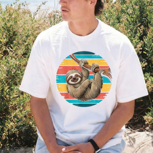 [Local Stock] VCC Retro Sloth Lazy Animal Cartoon T-Shirt for Men Women Vintage Rainbow Stripes Short Sleeve Crew Neck Tshirt