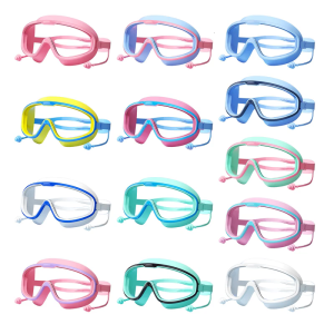 Kids Swim Goggles Wide View Frogs Resistant Swimming Glasses With Earplugs And Nose Clip for Children Teen Age 3-16
