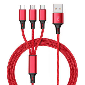 【Ready Stock】Braided 3 In 1 Fast Charging Cable Compatible For iPhone Micro Usb Type C Fast Charger Cord Data Cable Cord