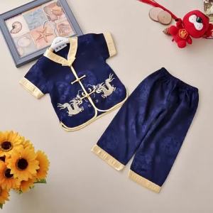 Boys Traditional Embroidered Golden Dragon Satin Silk Tang Suit Short Sleeve Pants Chinese New Year Festive Clothes Set | Baju Tradisional Kanak Kanak Hanfu Tang Suit Budak Lelaki Sutera Sulaman Naga