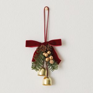 ECOCOKU Red Christmas Velvet Bow Bell Wreath Green Christmas Chime Bell Hanging Bells Metal Pine Cone Bell Pendant Christmas Tree Decorations