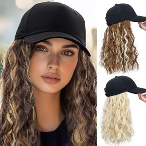 STARGOODS Synthetic Black Baseball Cap With Wig One Piece Highlights Adjustable Hat Wig Fashion Fluffy Long Wavy Bob Hair Women