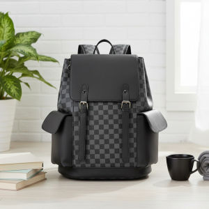 PU Leather Plaid College Bookbag Multifunctional Casual Daypack for Men Business Travel