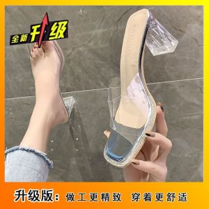 [Free Shipping] Elegant Transparent High-Heeled Sandals New Summer Style For Women Perfect For Outdoor Wear Featuring Crystal Embellishments And Chunky Heels