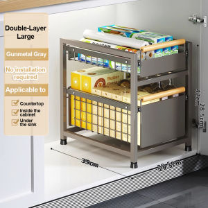 Nearra Under Sink Rack Kitchen Sliding Storage Organizer Pull Out Drawer Basket Rack With Wooden Handle