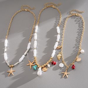 DGFDF Alloy Pearl Shell Starfish Necklace Sea Series Conch Ornaments Starfish Beach Pendant Multifunctional Jewelry Bohemian Shell Necklace Women