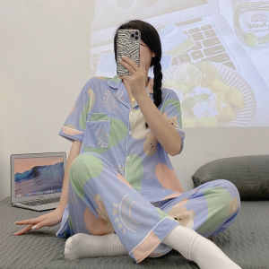 Y&L Fashion #B003 2024 New Womens Pajama Set Lightweight Polyester Stylish Floral Design Short Sleeve Long Pants Loungewear Great Value