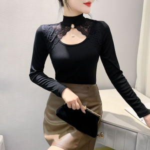 Yimei Áo Thun Nữ Tay áo dài đen nửa cổ cao ren thiết kế cảm giác mùa xuân và mùa thu Áo nữ 2023 Áo lót nữ CAY kéo bó sát mới