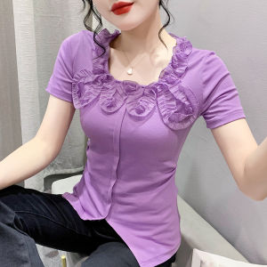 YIMEI Collar Lace Womens Off Shoulder Top 2023 Summer New Bottom Split Irregular T-shirt Womens Unique Ruffled Waist T-shirt