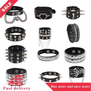 [COD] 90s Fashion Punk Style Bracelet Personality PU Leather Three Rows Spikes Square Bracelets Bangle 2024 Party Jewelry Gift